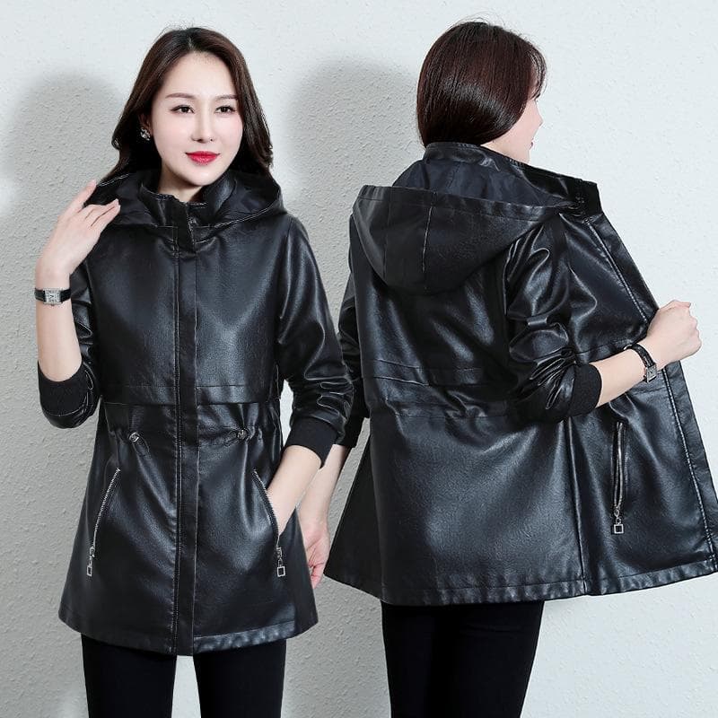 Women 'S Leather Jacket Mid -Length Coat Casual Leather Jacket XL black