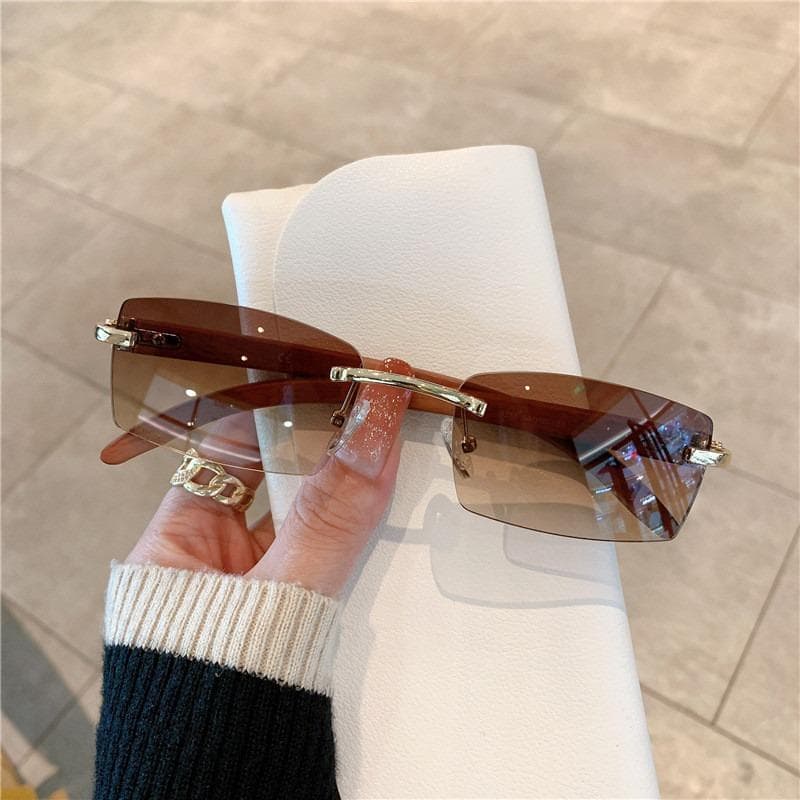 Fashion Sunglasses European American Men Women Frameless Imitation Wood Grain Leg UV Protection