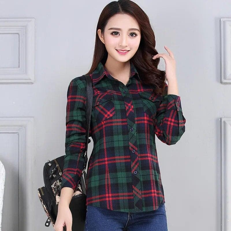 Women's Spring and Autumn Plaid Shirt Casual Long Sleeve Pocket Cotton Shirt M