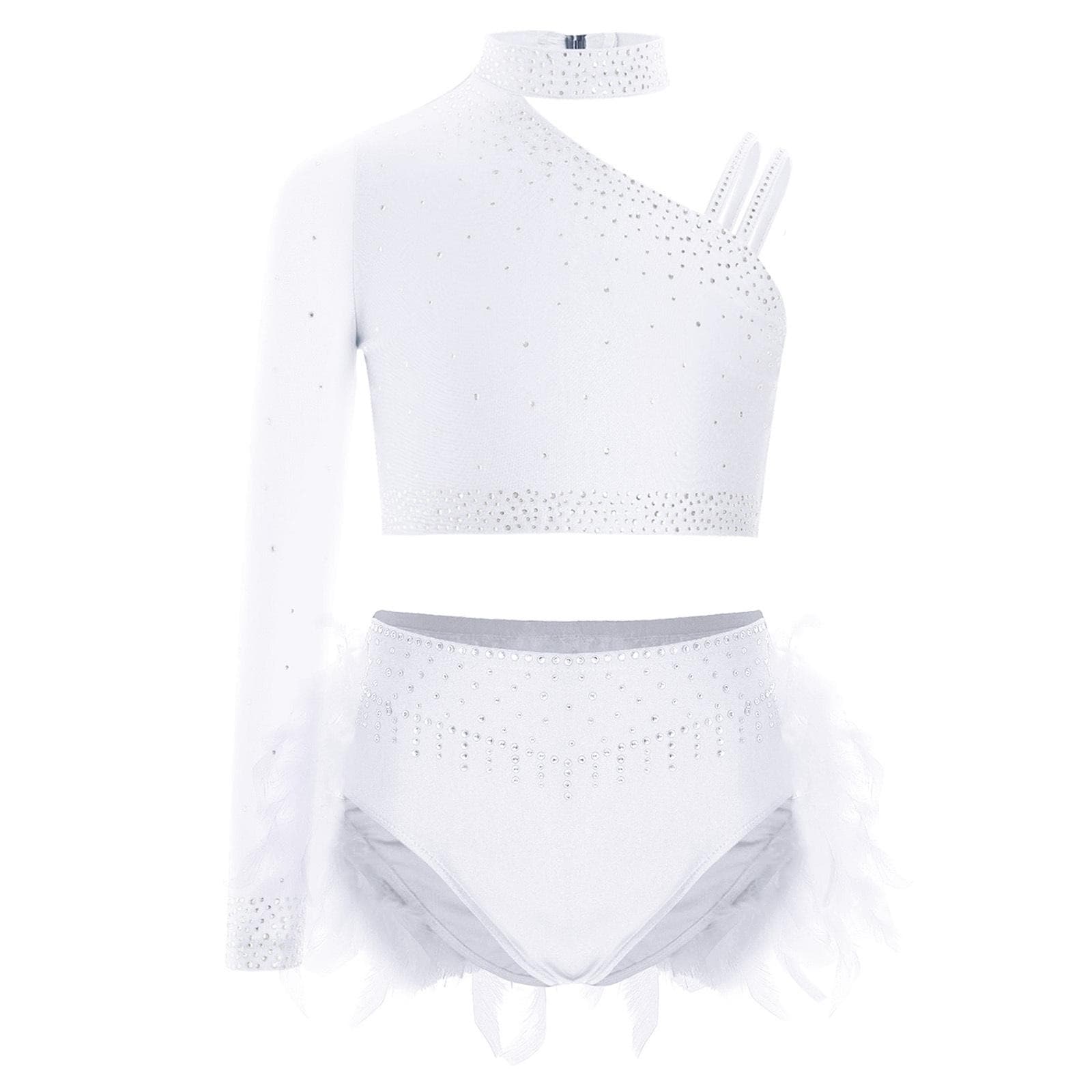 Kids Girls Glittery Dance Costume Set Rhinestone Embellished Crop Top Asymmetric Shoulder and Feather Shorts Outfit 5-6 Years white