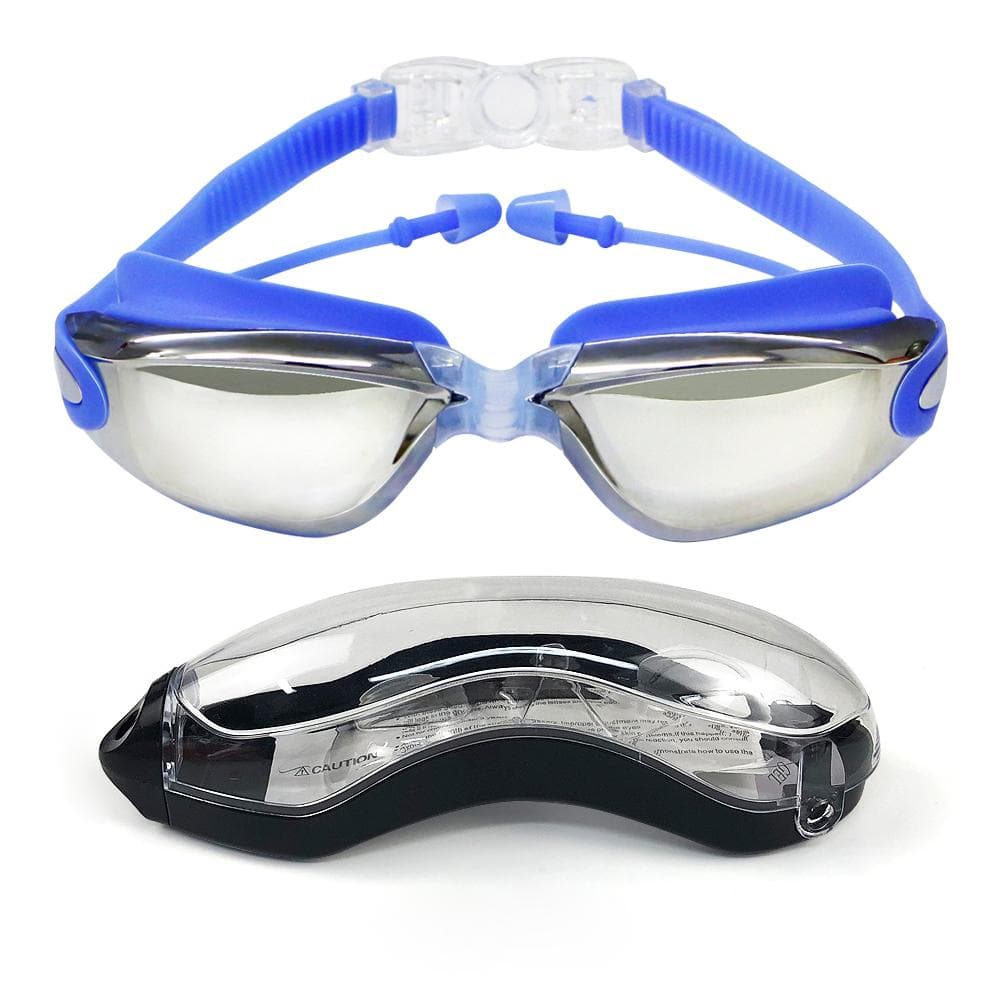 Swimming Goggles with Attached Earplugs Anti-Fog No Leaking Comfortable Electroplated Swim Goggles blue