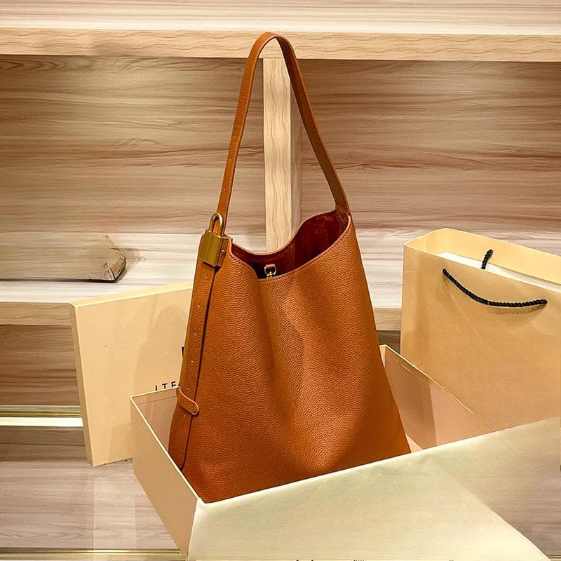 Leather Bucket Bag for Women with Large Capacity Commuting Tote Bag Crossbody Shoulder Bag brown