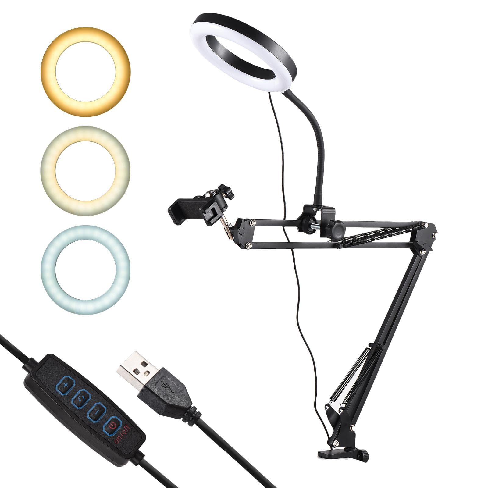 Andoer Overhead Camera Mount Foldable Phone Arm Stand with 8-inch Ring Lamp Ball Head Phone Clip black