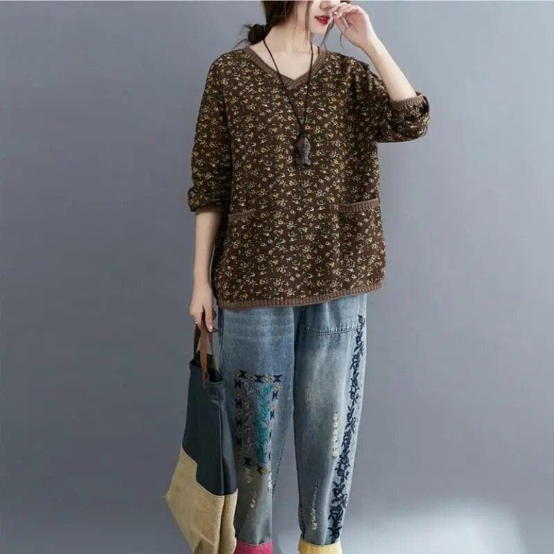 Oversized Vintage T Shirt Women Cotton Linen T-Shirt Long Sleeve Floral Loose Tee Shirt Woman Autumn Tshirt Ladies Tops Casual S coffee