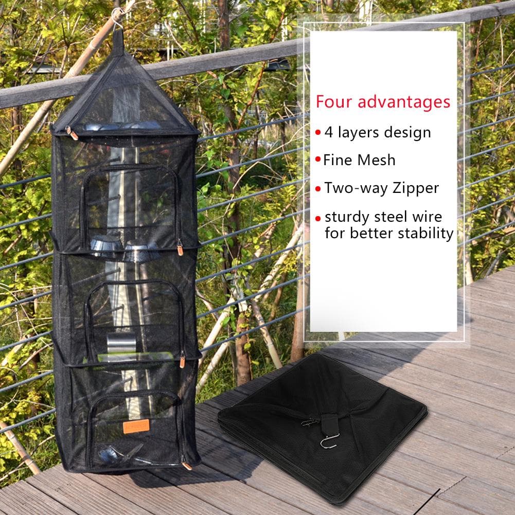 Foldable 4 Layers Hanging Shelves Dry Rack Net Zipper Opening Mesh Netting Outdoor