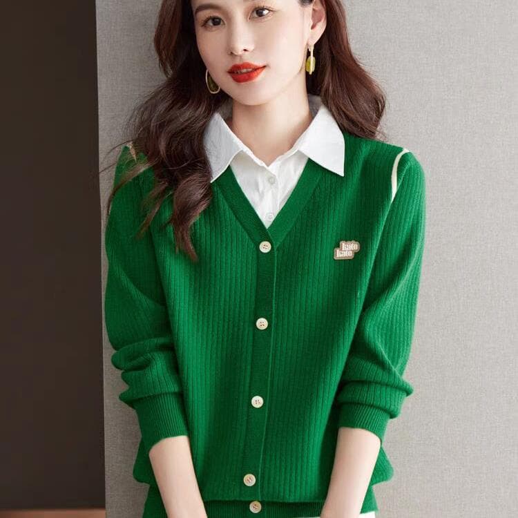 Fake Two-piece Top Women's Sweater Autumn and Winter New Long-sleeved Shirt Collar Knitted Bottoming Shirt L