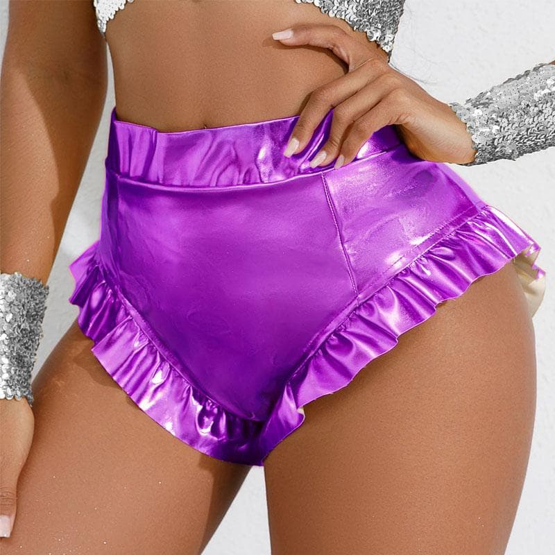 Women PU Leather Shorts Sexy Ruffle Metallic Booty Shorts High Waist Hot Pants Shiny Slim Fit Club Dance Shorts S purple