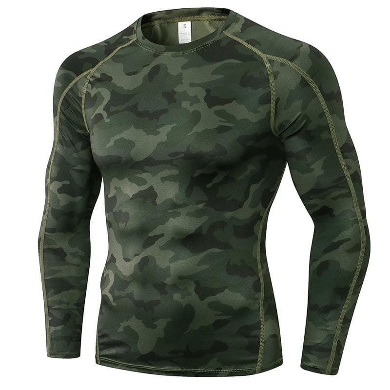 Men's Running Long Sleeve T-shirt quick-drying suit fitness sports tight t-shirt new Training jogging 1059 M camouflage green