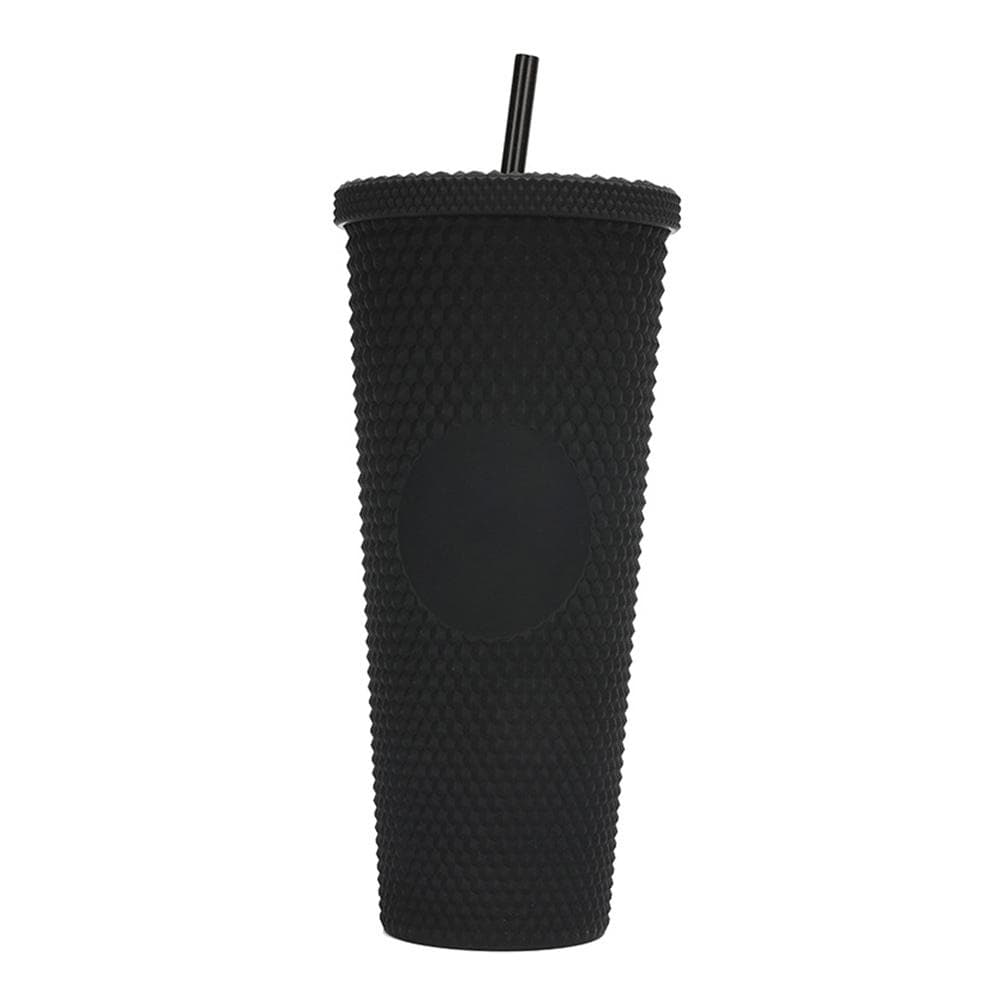 710ML/24OZ Large Capacity Water Cup Fully Studded Matte Tumbler Reusable Plastic Cup with Wide Opening Leak-Proof Lid Straw black