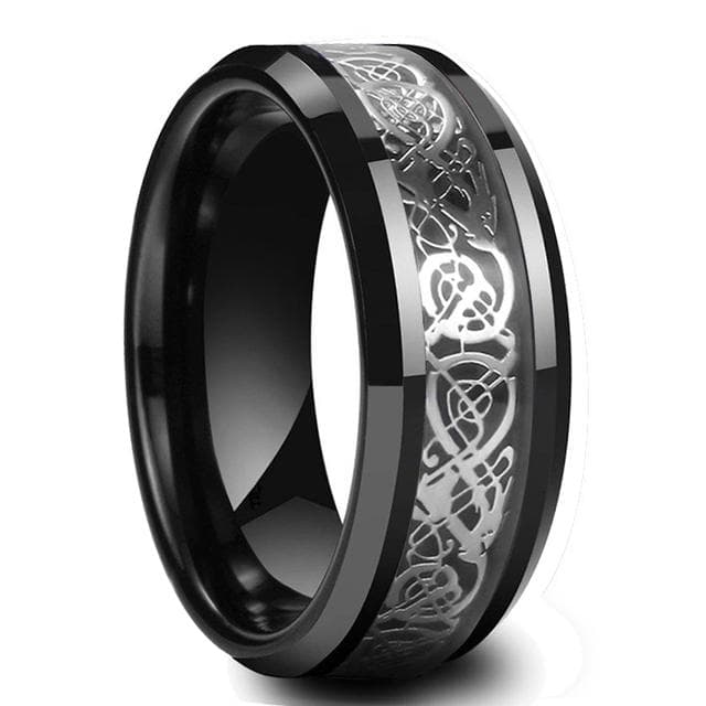 Fashion 8mm Men Red Groove Beveled Edge Stainless Steel Celtic Dragon Ring Zircon Inlay Red Carbon Fibre Ring Men Wedding Band 11