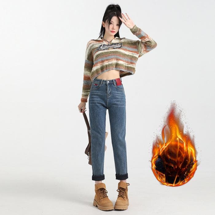 Retro Blue Plus Velvet Harem Jeans for Women, High Waist Loose and Slim Straight Large Size Carrot Dad Pants 31