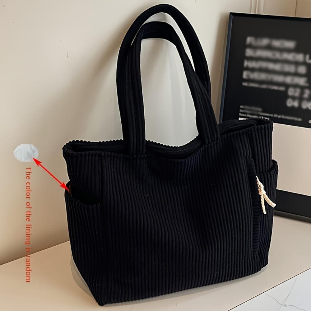 A Casual Corduroy Handbag with Zip Closure, Lightweight and Large Capacity, Fixed Shoulder Strap and Polyester Lining, Solid Everyday Commuter Handbag black