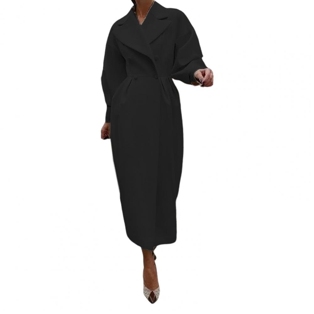 Women Woolen Jacket Turn-down Collar Solid Color Double-breasted Coat Retro Royal Style Thermal Long Lantern Sleeves Commuting D S black