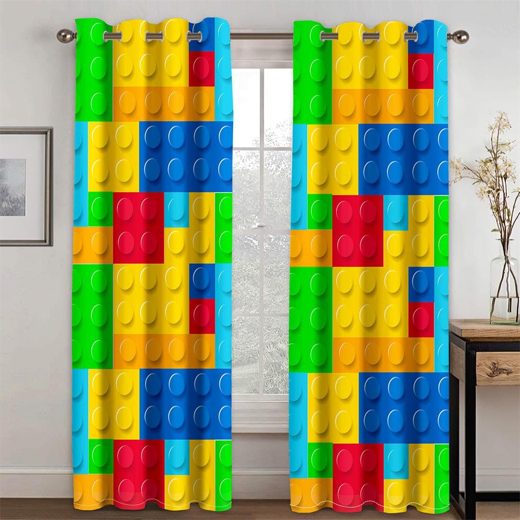 Kids Like Cartoon Game Handle Color Square Curtain 2 Panel Boys Room Bedroom Living Room Window Decoration Curtains 100W130H(CM)40x51in&Grommet Top