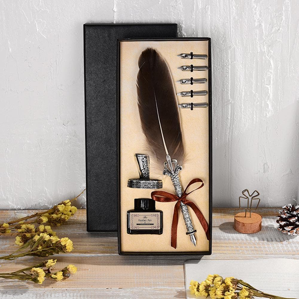 Feather Quill Dip Pen Writing Ink Set School Office Wedding Stationery Gift grey