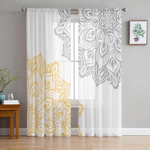 Boho Mandala Datura Buddhism Ethnic Sheer Voile Curtains For Kitchen Living Room Bedroom Decor Tulle Curtains Window Treatment 1 PCS W200XH250cm