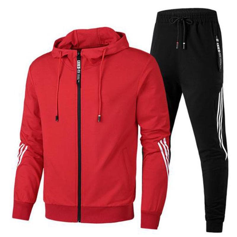 Men's Autumn Hooded Slim Fit Stripe Spliced Sports Casual Set L red