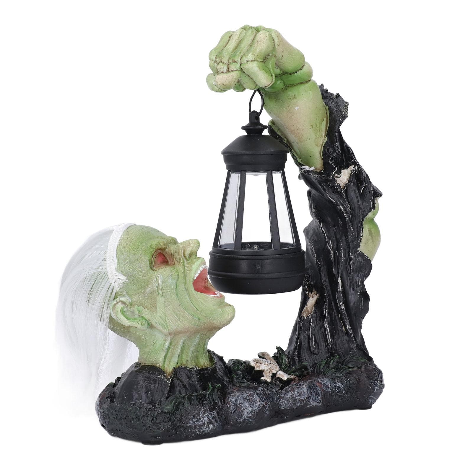 Horror Skull Statue Lantern Green Color Resin Solar Powered Lantern Scary Decor for Yard