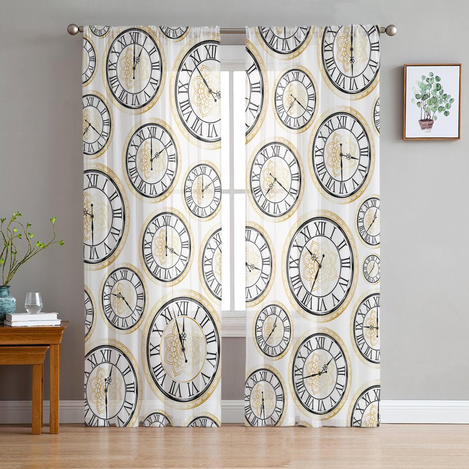 Clockwise Minute Hand Clock Pattern Gradient Window Curtains For Living Room Bedroom Kitchen Chiffon Sheer Window Treatment 135W x 114H(cm)