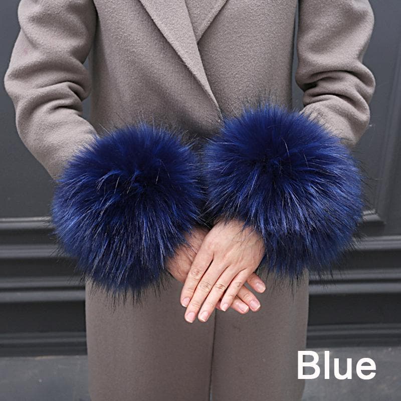 Women Windproof  Elegant Winter Plush Bracelet Faux Fox Fur Cuff Oversleeve Warm Wristband Arms blue