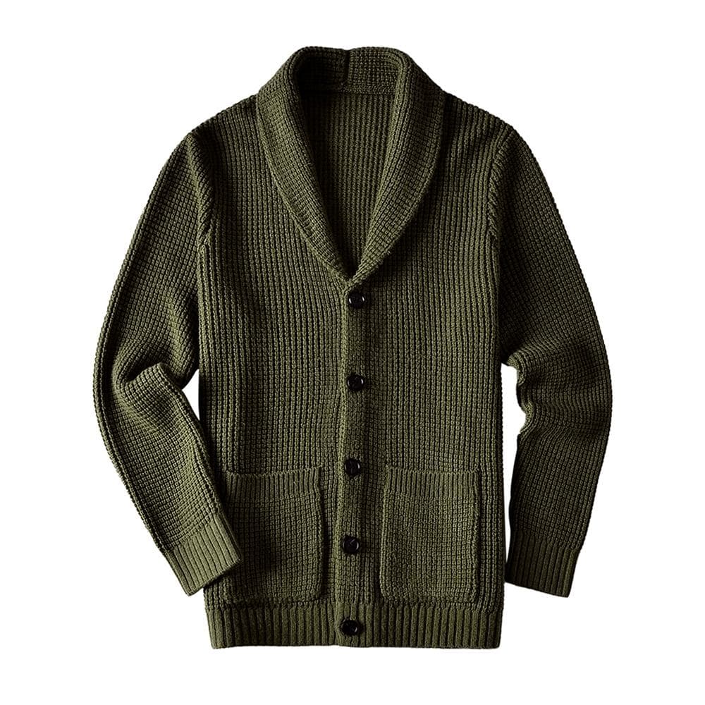 Men's Shawl Collar Cardigan Sweater Slim Fit Cable Knit Button up Merino wool Sweater XL olive
