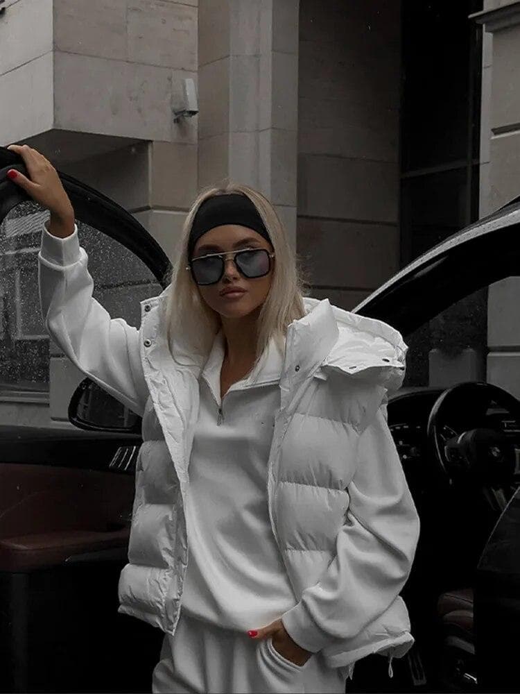 Winter Thicken Waistcoat Vest Women Winter Cotton Warm Parka Street Zipper Female Hooded Top Big Pocket Sleeveless Loose Coat S white