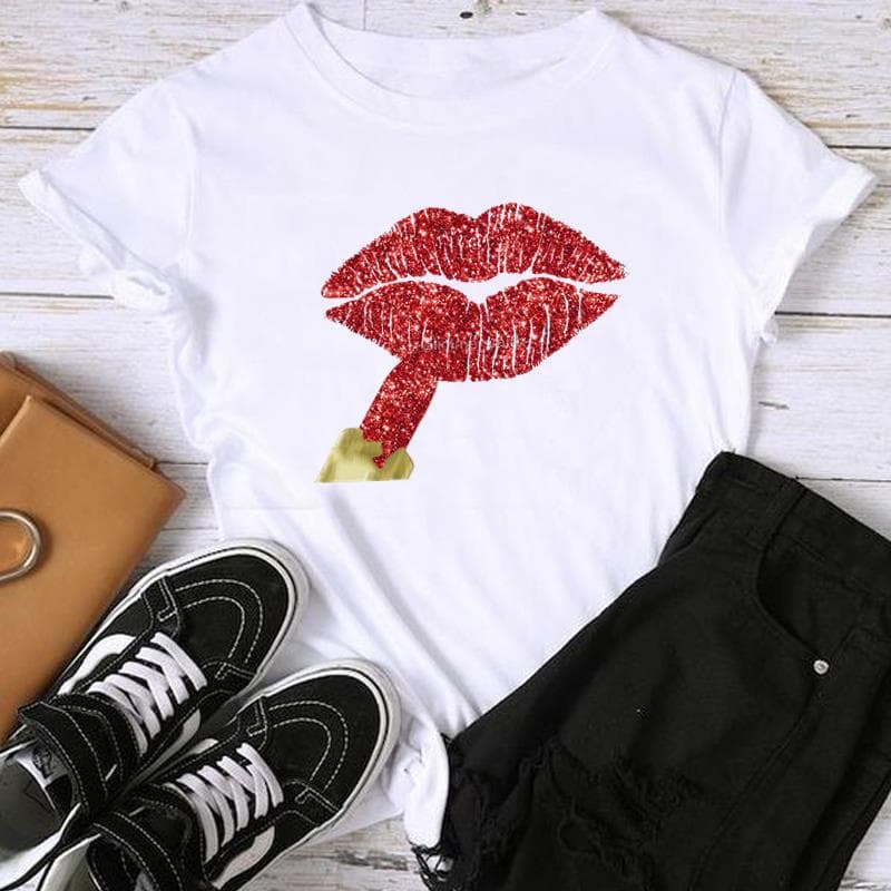 (Asian Size) Fashion Watercolor Lip Trend Lovely Cute Sweet Print Graphic Tee Female Casual T Clothing Casual Women's Top Short Sleeve T-shirt S
