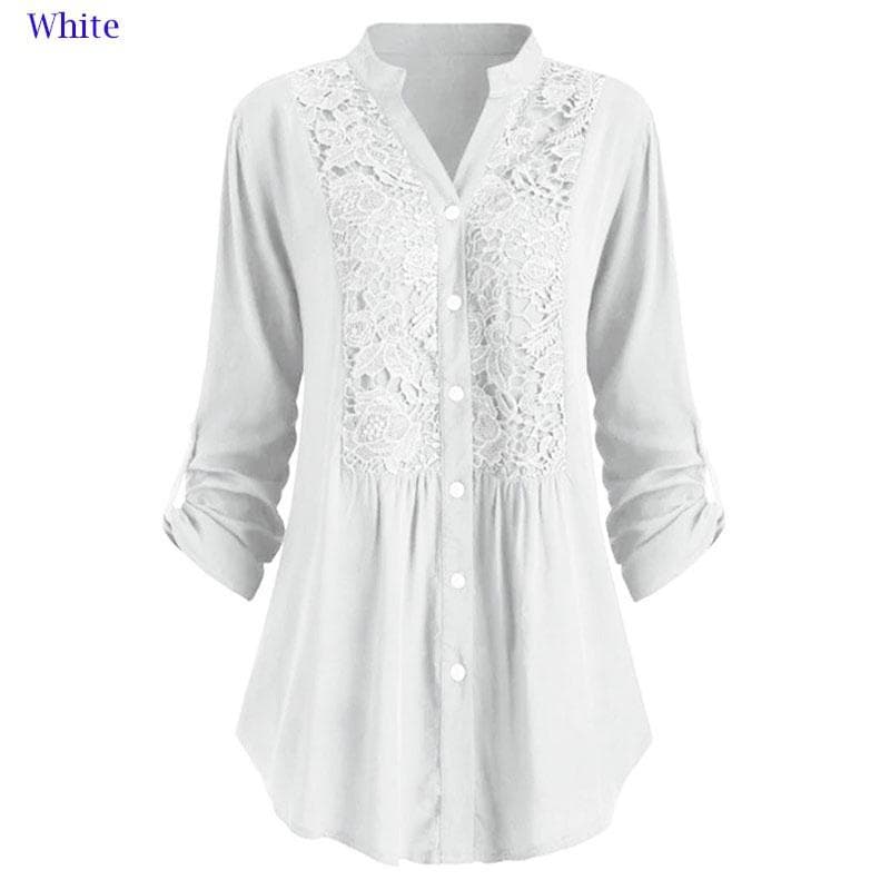 XS-5XL Plus Size Lace Blouse Autumn&Winter New Fashion Women`s Blouse Tops V-Neck Tunic Shirts Button Long Sleeve Shirts XXXL white