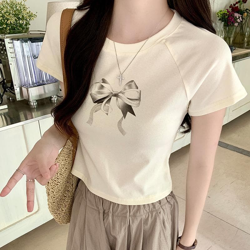 Bow Printed Short-sleeved T-shirt for Women In Summer New Design Niche Round Neck Tight Short Top M