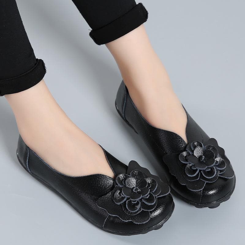 Autumn Flowers Handmade Shoes Women's Floral Soft Flat Bottom Shoes Casual Sandals Folk Style Women Genuine Leather Shoes 40 black