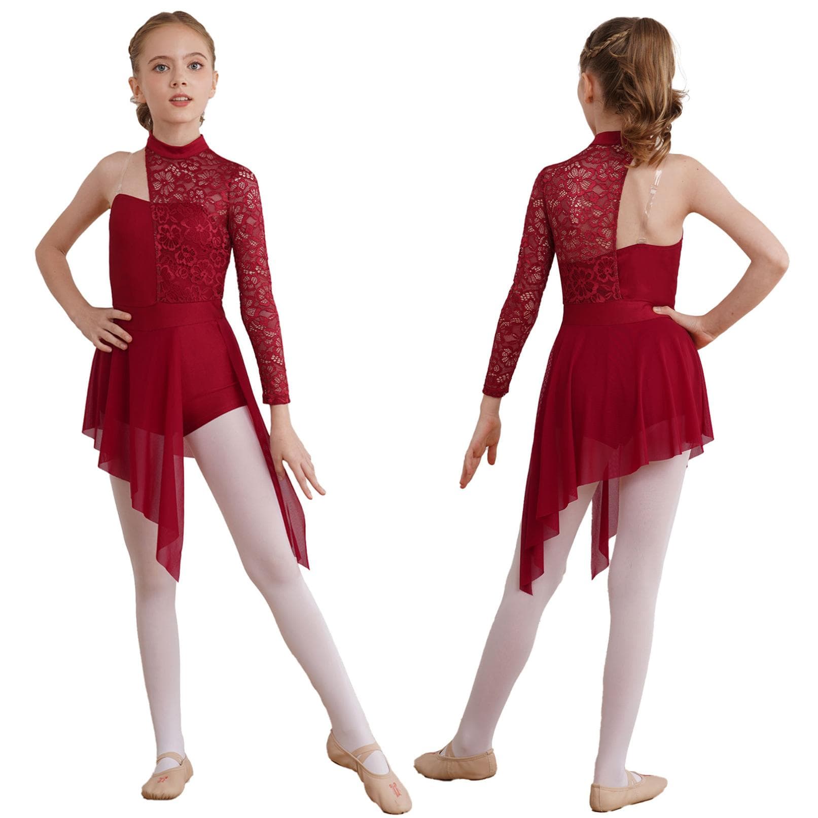 Gymnastics Leotards for Girls Asymmetrical Long Sleeve Ballet Lyrical Dance Dress Figure Skating Stage Costume 11-12 Years burgundy