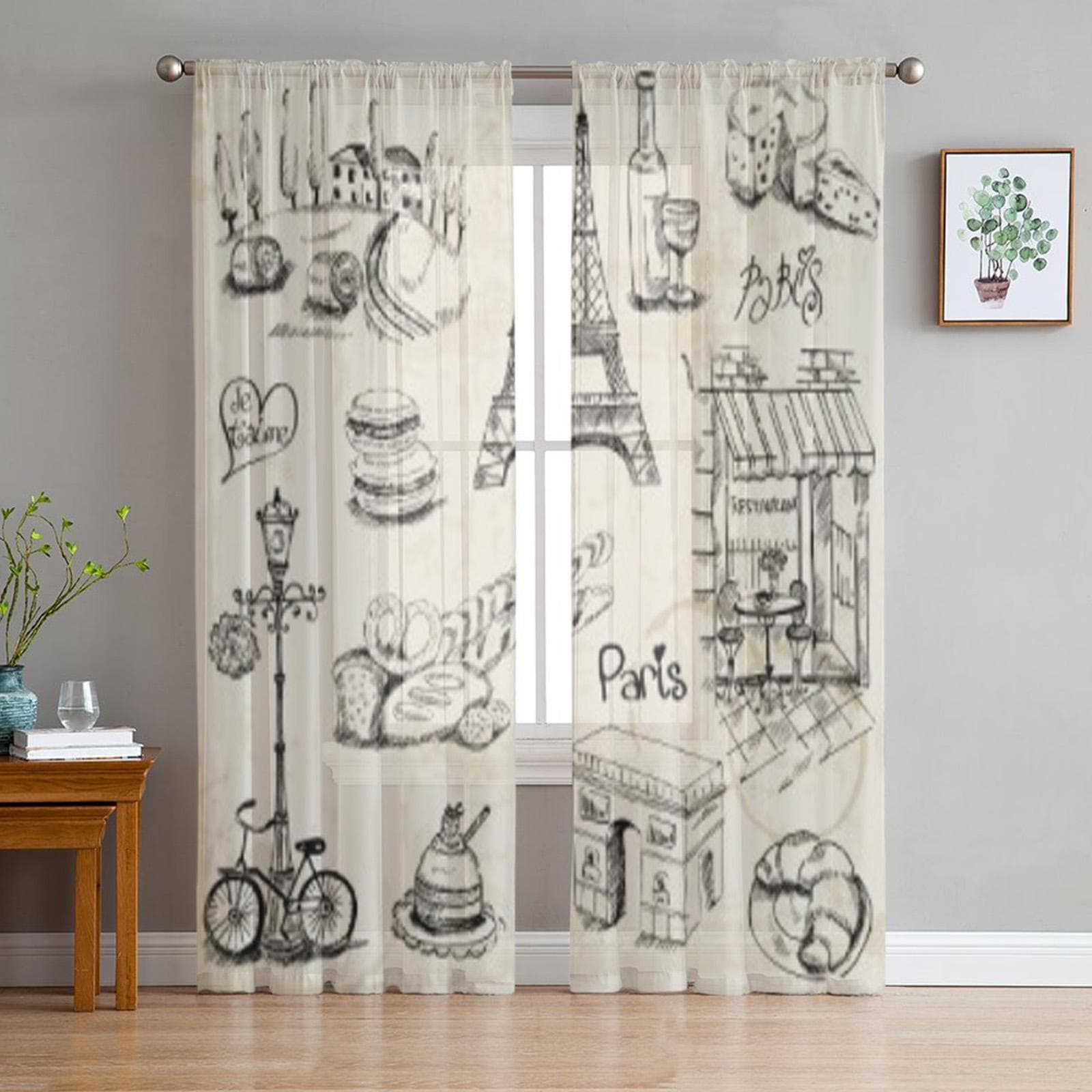 Paris Illustration Tulle Sheer Window Curtains For Living Room The Bedroom Modern Chiffon Voile Organza Curtains Decor Drapes 135W x 114H(cm)