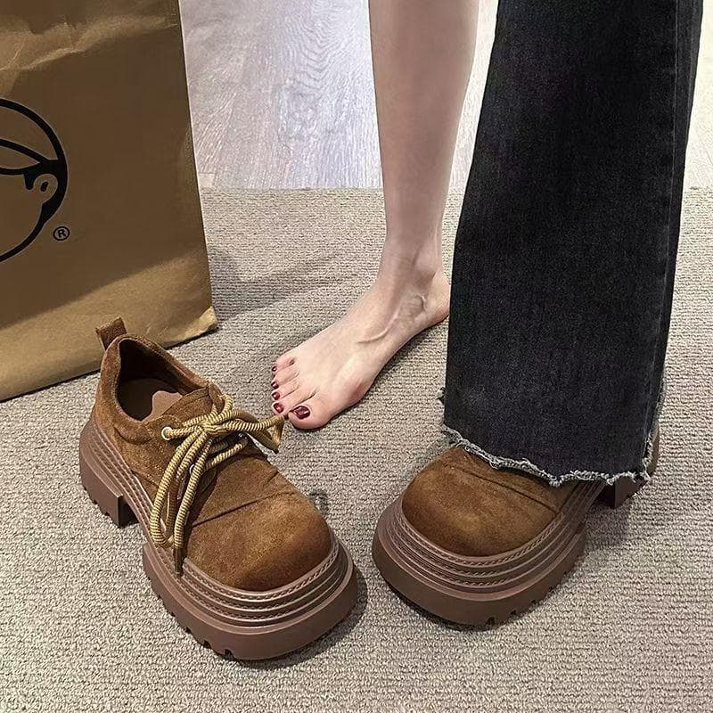 Retro British style big head shoes loafers women's 2025 spring and autumn new versatile lace-up fashion trendy platform single shoes women 35 maroon