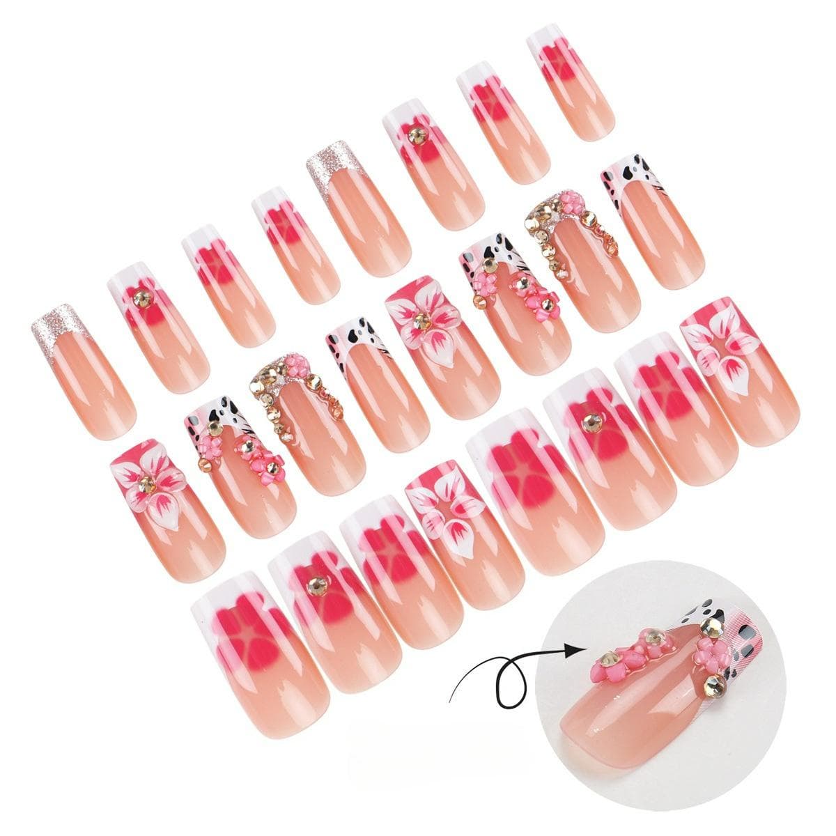 24pcs/Set Y2K Medium-Long Press-On Nails, Sweet Pink Leopard Print, French Manicure, And 3D Floral Decor Design, Suitable For Girls/Women