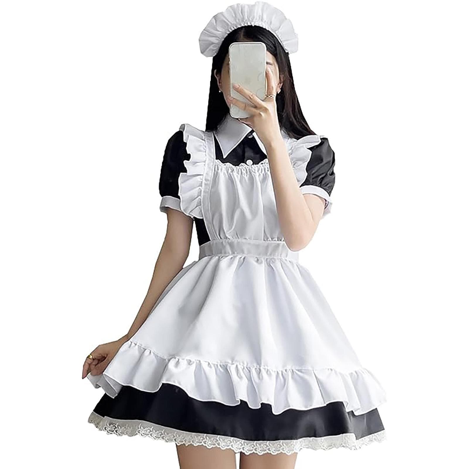 Maid Outfit Short Sleeve Anime Maid Apron Fancy Dress Cosplay Costume with Headdress for Party XXL black white