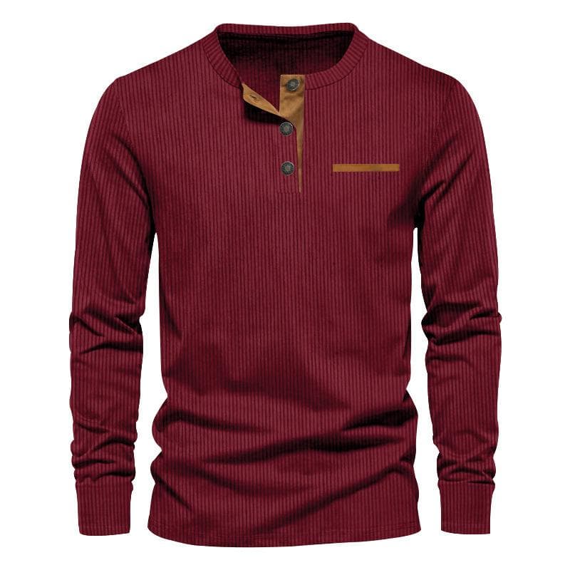 Spring new casual men's corduroy Henley shirt men's long-sleeved Slim T-shirt XXXL burgundy