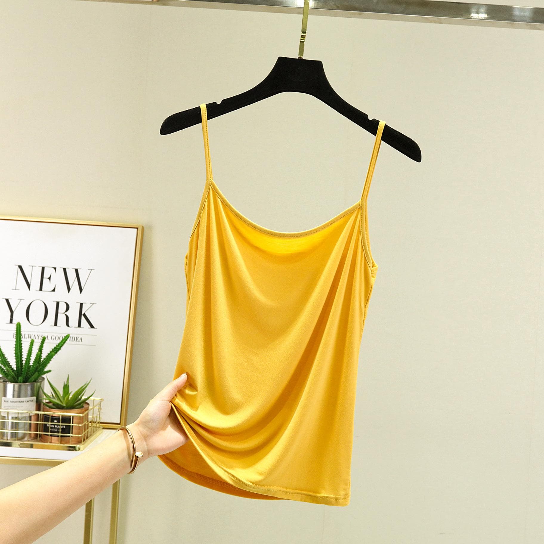 Modal Spaghetti Strap Tops Basic Camis Sleeveless Tank Top Solid color Women summer Camisole all match 2XL yellow