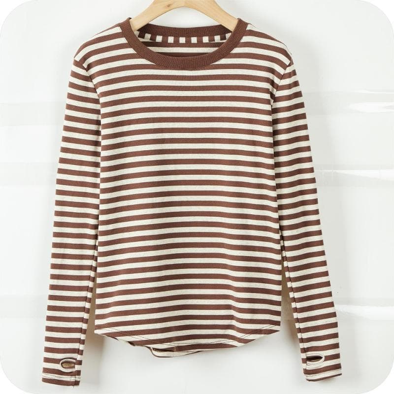 Spring and Autumn Women's Blouse Striped T-shirt Long-sleeved Tops Underneath The Bottom Shirt S coffee
