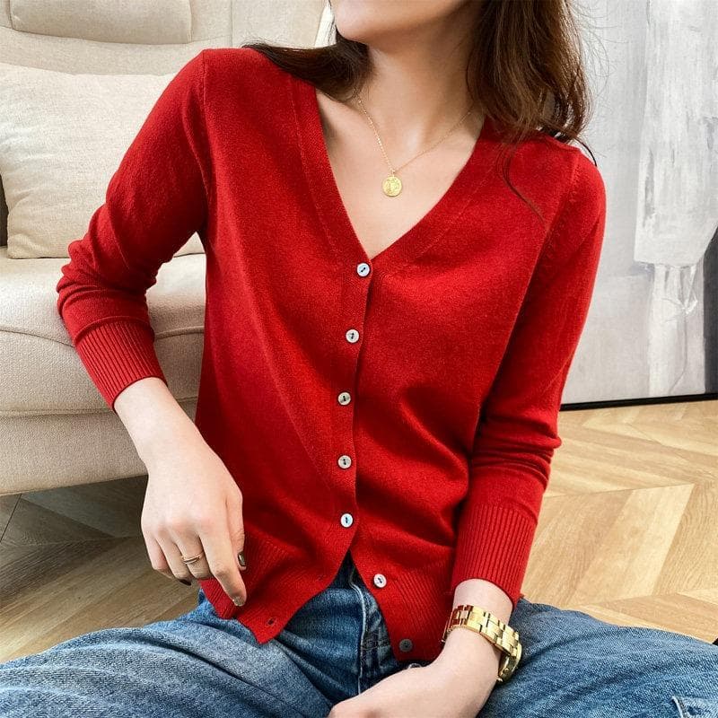 Spring and Autumn Women's Cardigan Jacket V-neck Knitted Cardigan Short Loose Peplum Sweater Thread Sweater S red