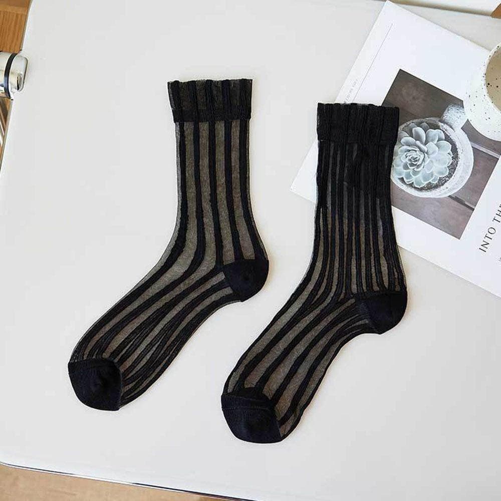 Fashion Striped Mesh Glass Silk Socks For Women Thin Transparent Elastic Summer Nylon Socks Breathable Middle Tube Socks One Size black