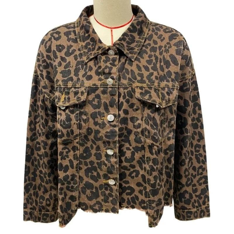 Fashion Trendy Spring Leopard Denim Coat for Women XL beige