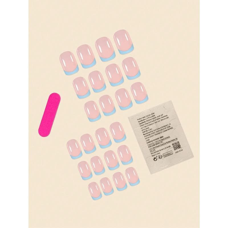 24pcs Square Faux Nails Set, Light Blue White French Style Square Nails, French Nails, Press On Nails Nail Supplies blue