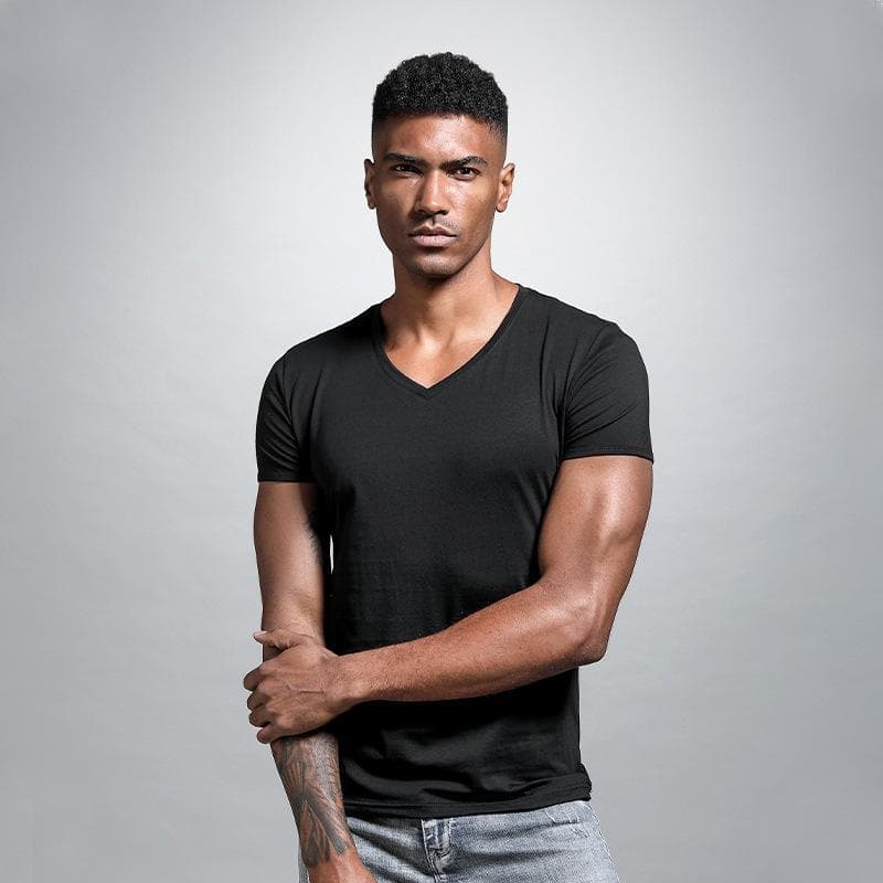 Men's Slim Fit Solid V-Neck White T-Shirt - Short-Sleeved, Sweetheart Collar, Tight Bottoming Shirt 5XL