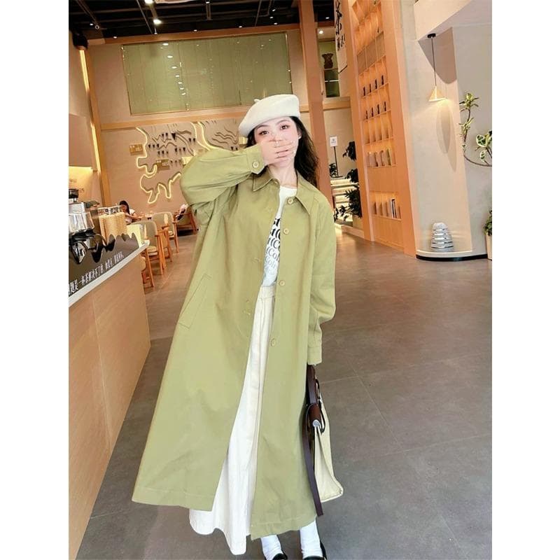 Retro Korean Pickle Green Long Windbreaker for Women Autumn New Hong Kong Style Retro Loose Coat XL
