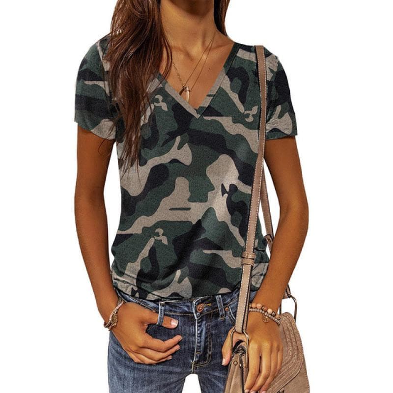 Summer Women's T-shirt Camouflage V-neck T Shirt Ladies Fashion Short Sleeve Tops Retro Streetwear Fashion Clothes Female Casual 4XL