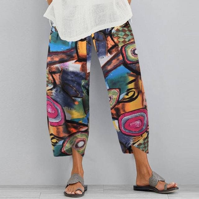 Women Vintage Harem Pants Floral Print Elastic Waist Plus Size Loose Trousers Cotton Linen Wide Leg Pant Loose Summer Pants S multicolour