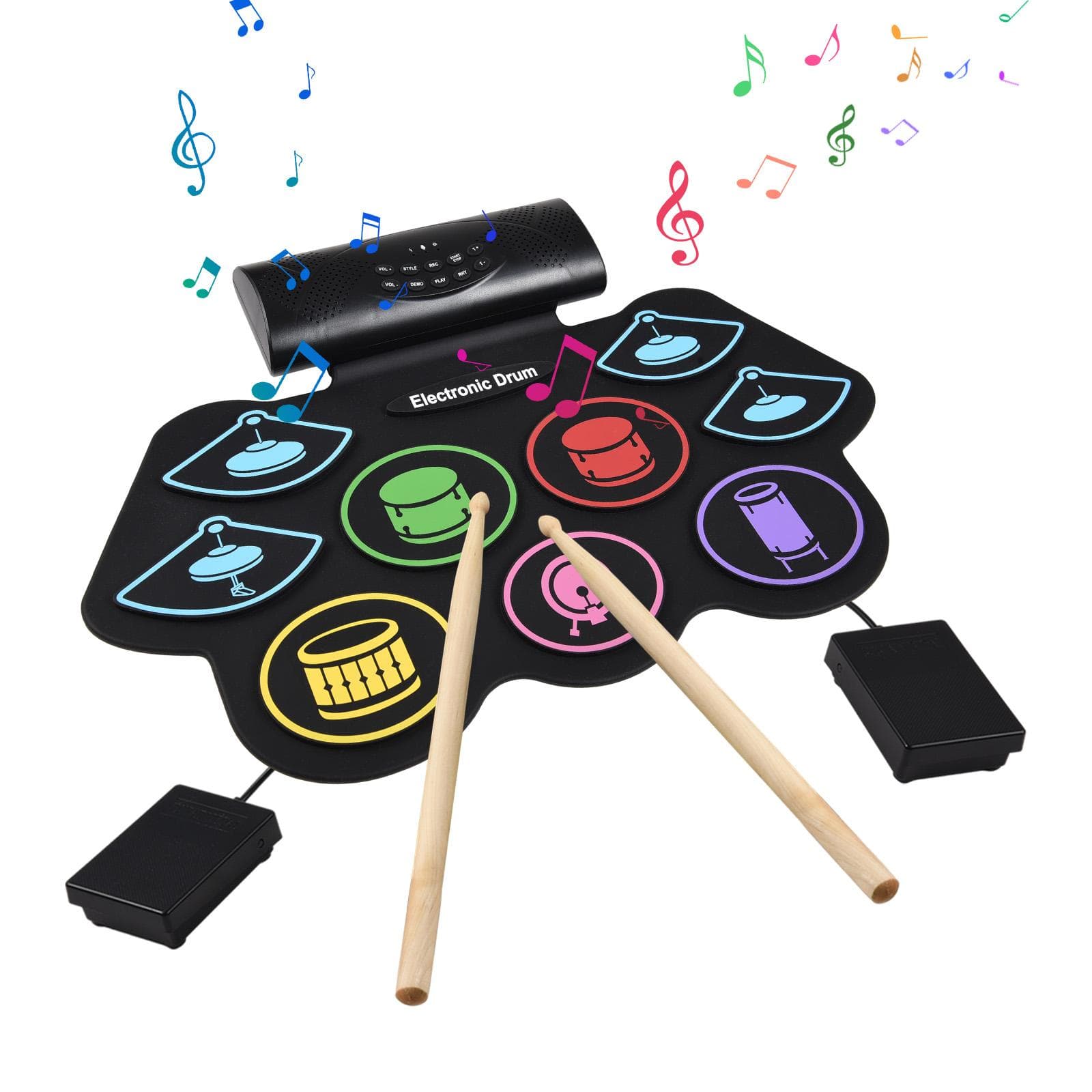 Electronic Drum Set Hand Roll Drum Set Percussion Instrument 9 Pads BT External Sound with black