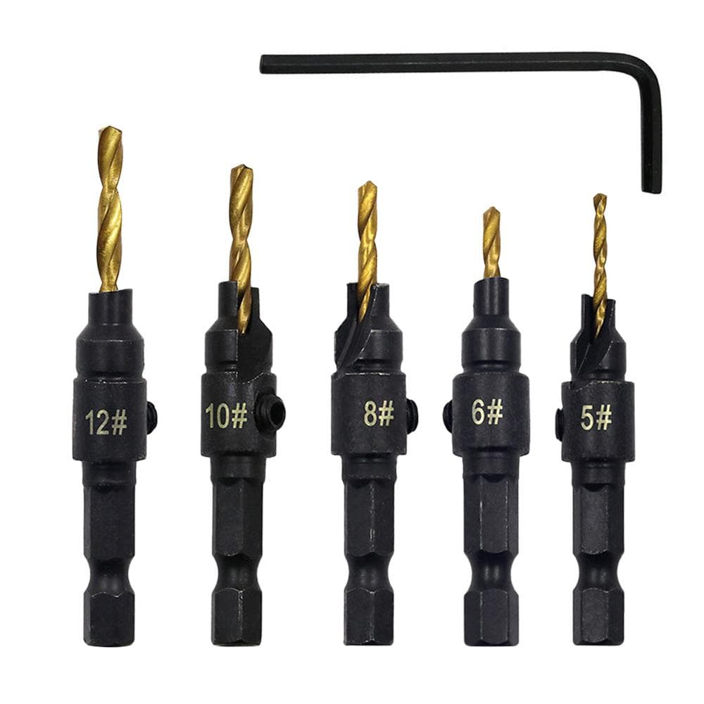5PCS Countersink Drill Bit Set High Speed Steel with 1 Free Hex Key Wrench for Woodworking and gold