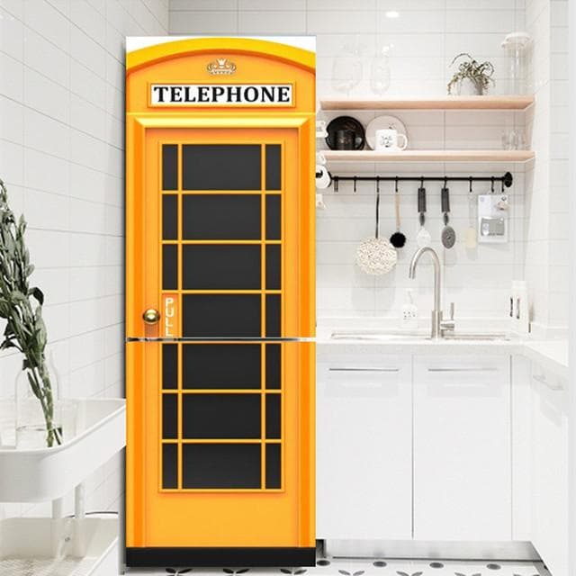 Red Yellow Blue Phone Booth Police PVC Refrigerator Door Sticker Waterproof Self-adhesive Poster Fridge Wallpaper Decor Decals 60x150cm(1 pcs)