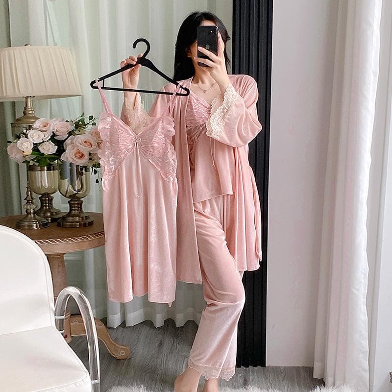 Autumn Winter Velvet Women 4Pcs Pajamas Set Sexy Patchwork Butterfly Lace Bathrobe Nightgown Trouser Suits Loose Velour Homewear M pink